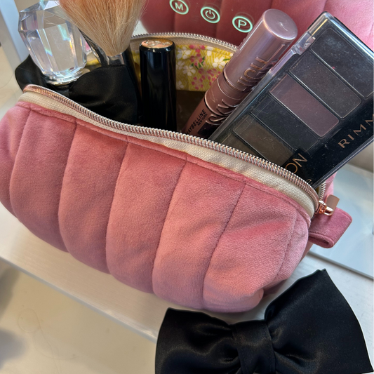 Cherry Blossom Quilted Velvet Makeup Bag - Medium