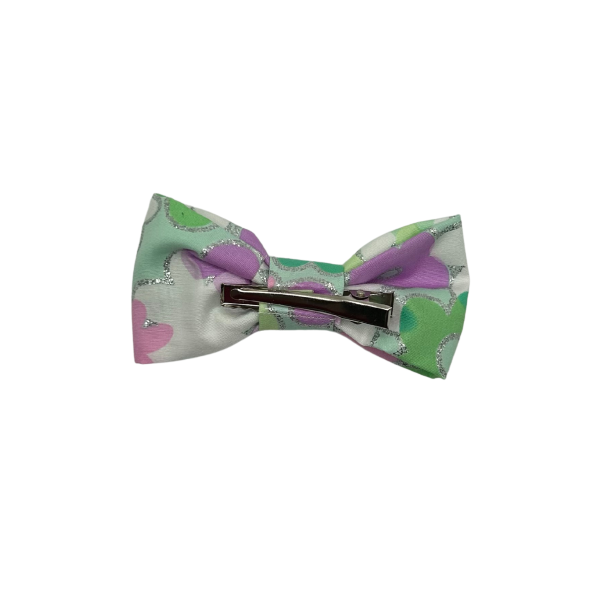 Glitter Bloom – Mint, Purple & Pink Girls Hair Bow with Silver Glitter - Back of Bow showing clip